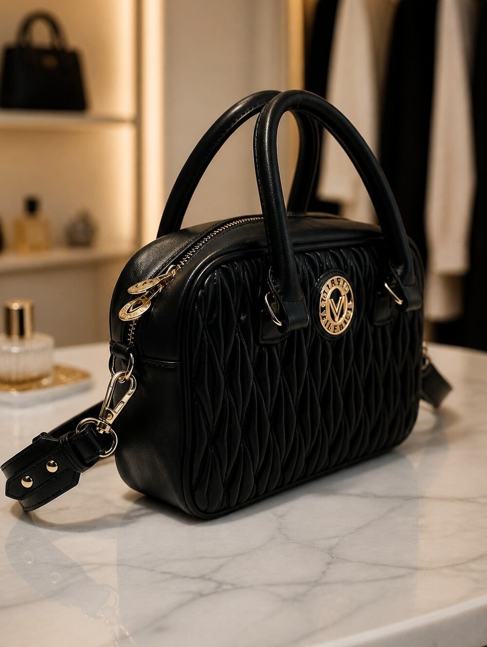NWT Valentino Orlandi Black Quilted Leather Crossbody Satchel Gold V Logo - Picture 5 of 13